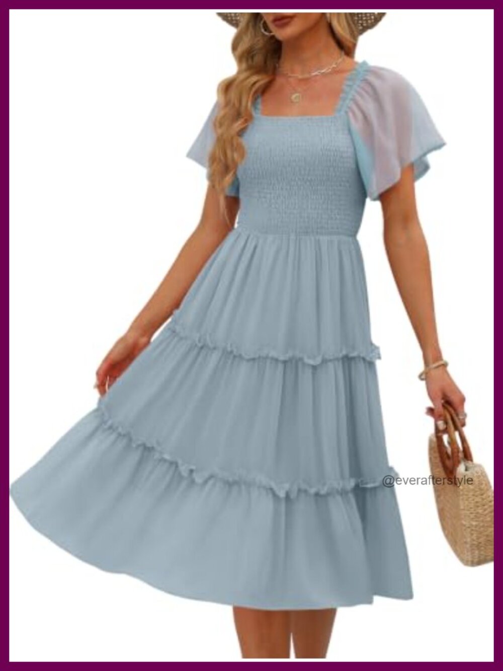 Tiered Flutter Sleeve Square Neck Smocked Midi Dress Casual